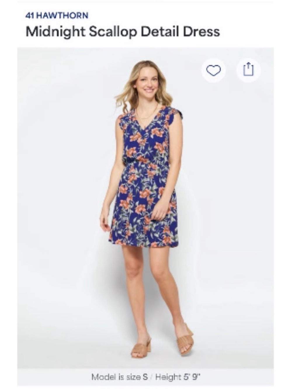 Navy with Coral Floral and Scalloped Detail V-Neck Women's Dress NWOT